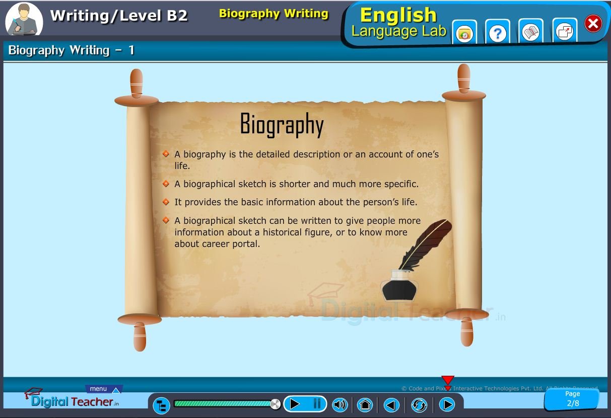 English language lab writing infograhic provides a practical activity on steps to be followed while writing biography