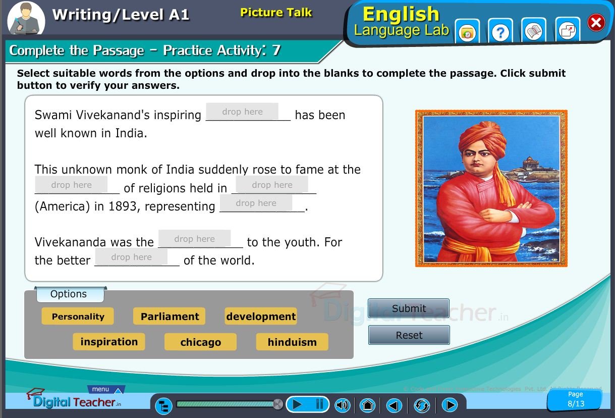 English language lab writing infograhic provides a practical activity to complete the passage by appropriate words within the options