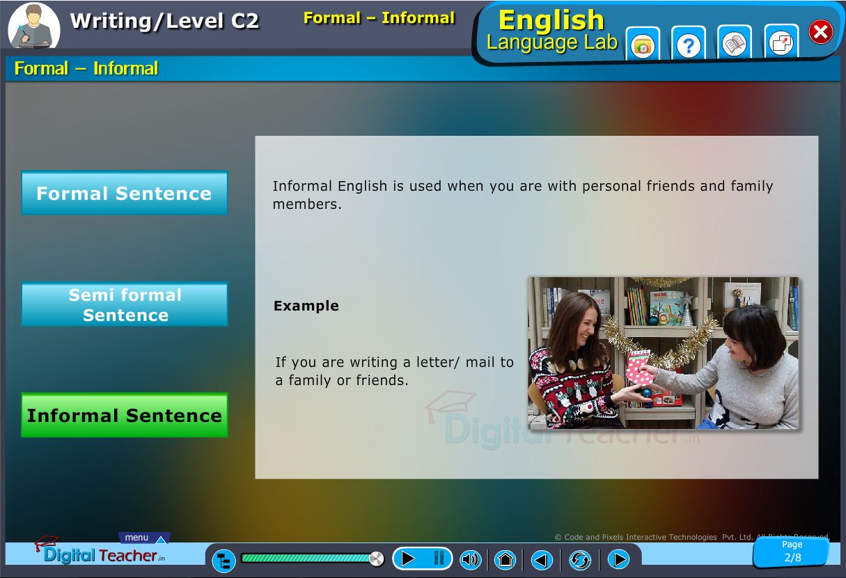 English language lab writing infographic provides activity to know the differences between formal and informal sentences