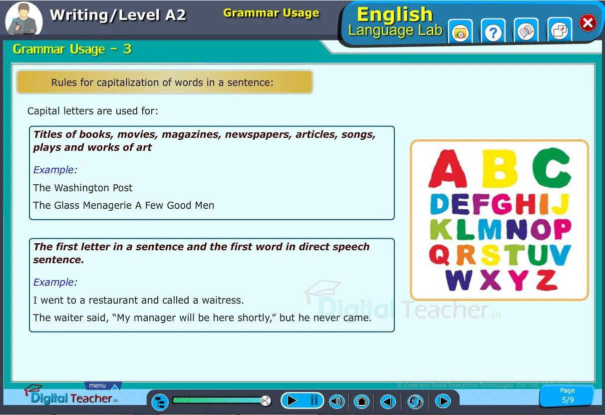 English language lab writing infograhic provides a practical activity on grammar usage about rule to capitalization of words in a sentence