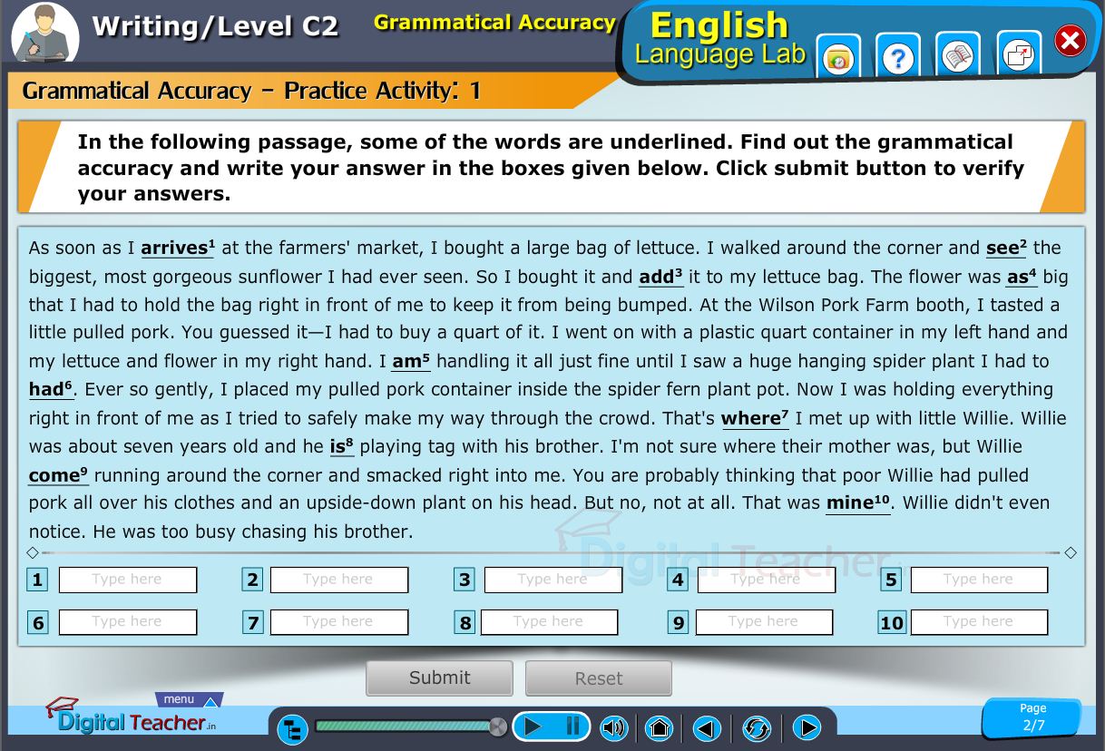 English language lab writing infographic provides activity to find grammatical accuracy and fill the boxes with suitable words