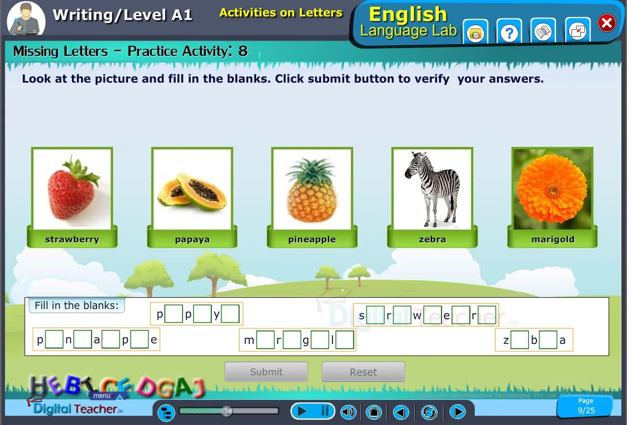 English language lab writing infograhic provides a practical activity on grammar usage by writing missing letters in a word by looking pictures