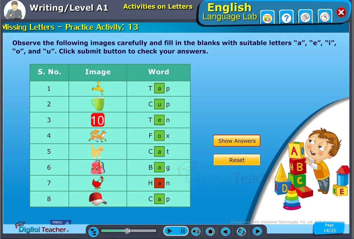 English language lab writing infograhic provides a practical activity on grammar usage by writing missing letters in a word by vowel alphabets