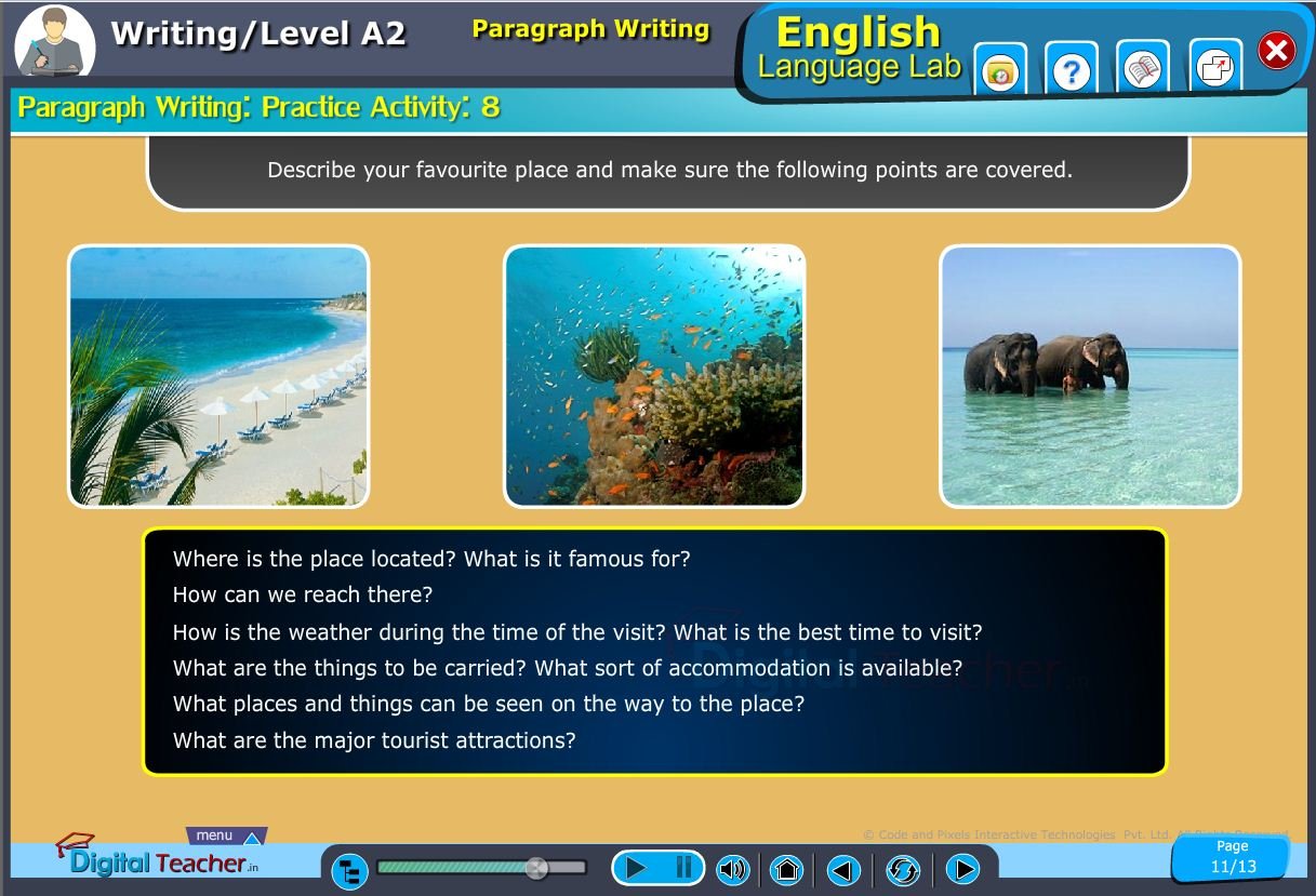 English language lab writing infograhic provides a practical activity on writing a paragraph by describing favourite place based upon the given points
