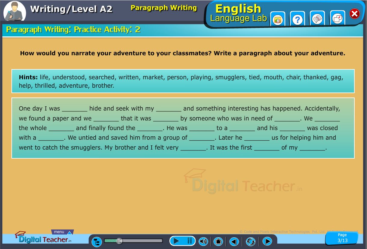 English language lab writing infograhic provides a practical activity on writing a paragraph by picking suitable words