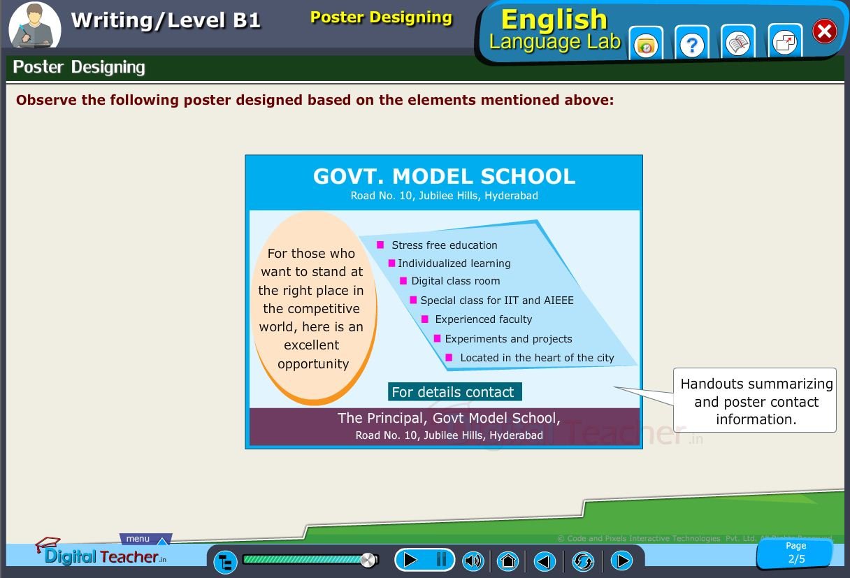 English language lab writing infograhic provides a practical activity on observing a poster designing based on the elements provided in a poster