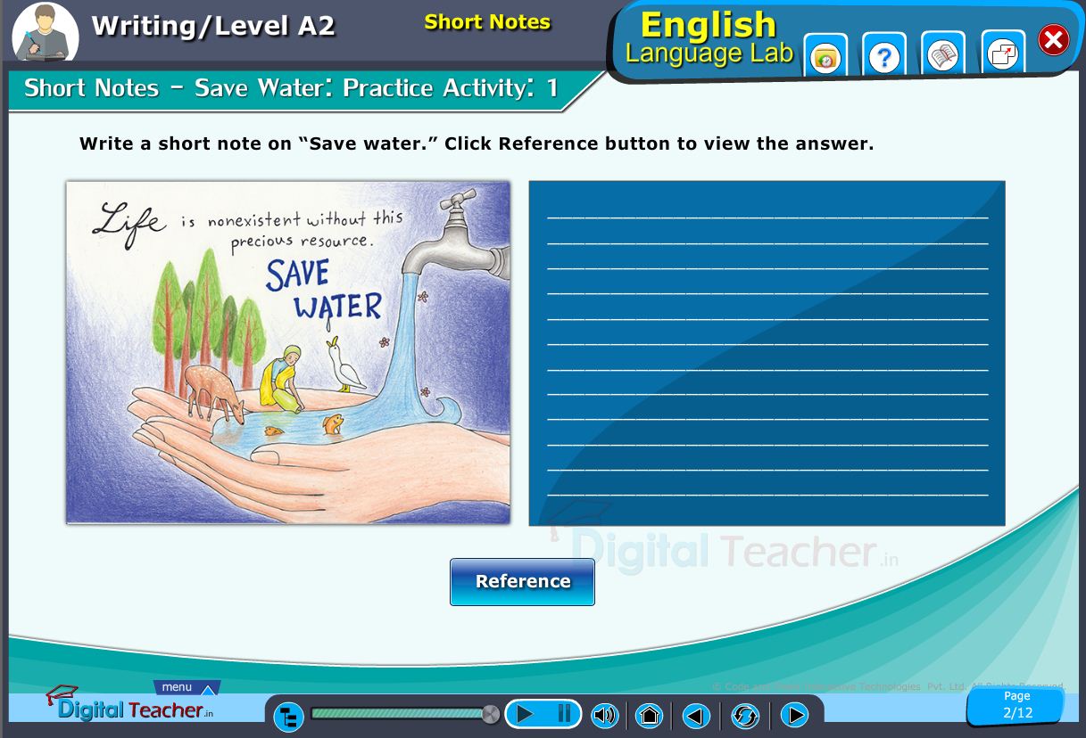 English language lab writing infograhic provides a practical activity on short notes on save water