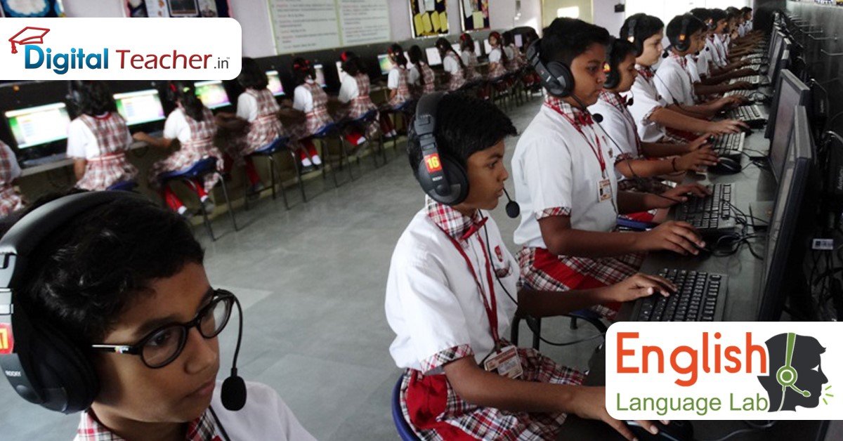 Students in school uniforms using computers with headsets in a Digital Language Lab class.