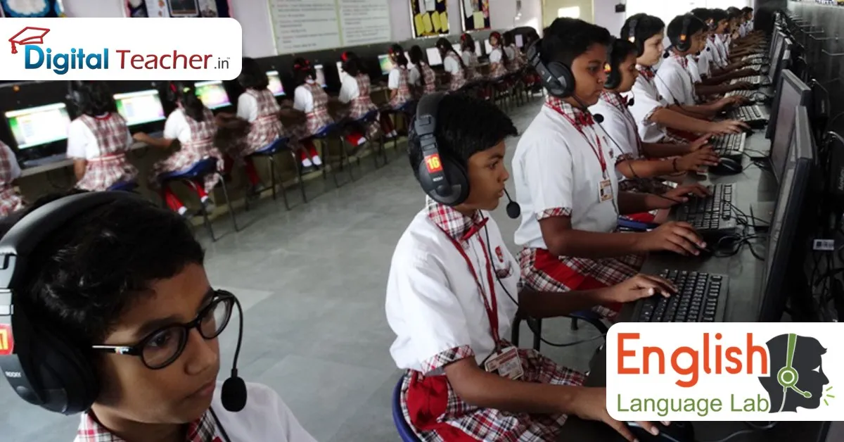 Students in school uniforms using computers with headsets in a Digital Language Lab class.